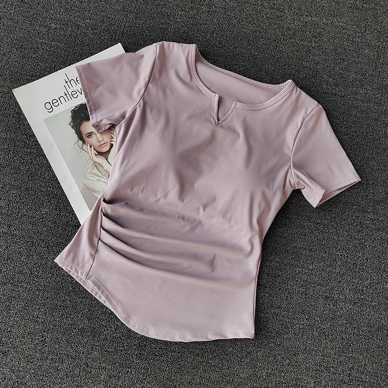 

Spor Thin Yoga Fitn Women's T-irt with Chest Pad Versatile Casual Running Outerwear V-ne ort Sve Slim Fit