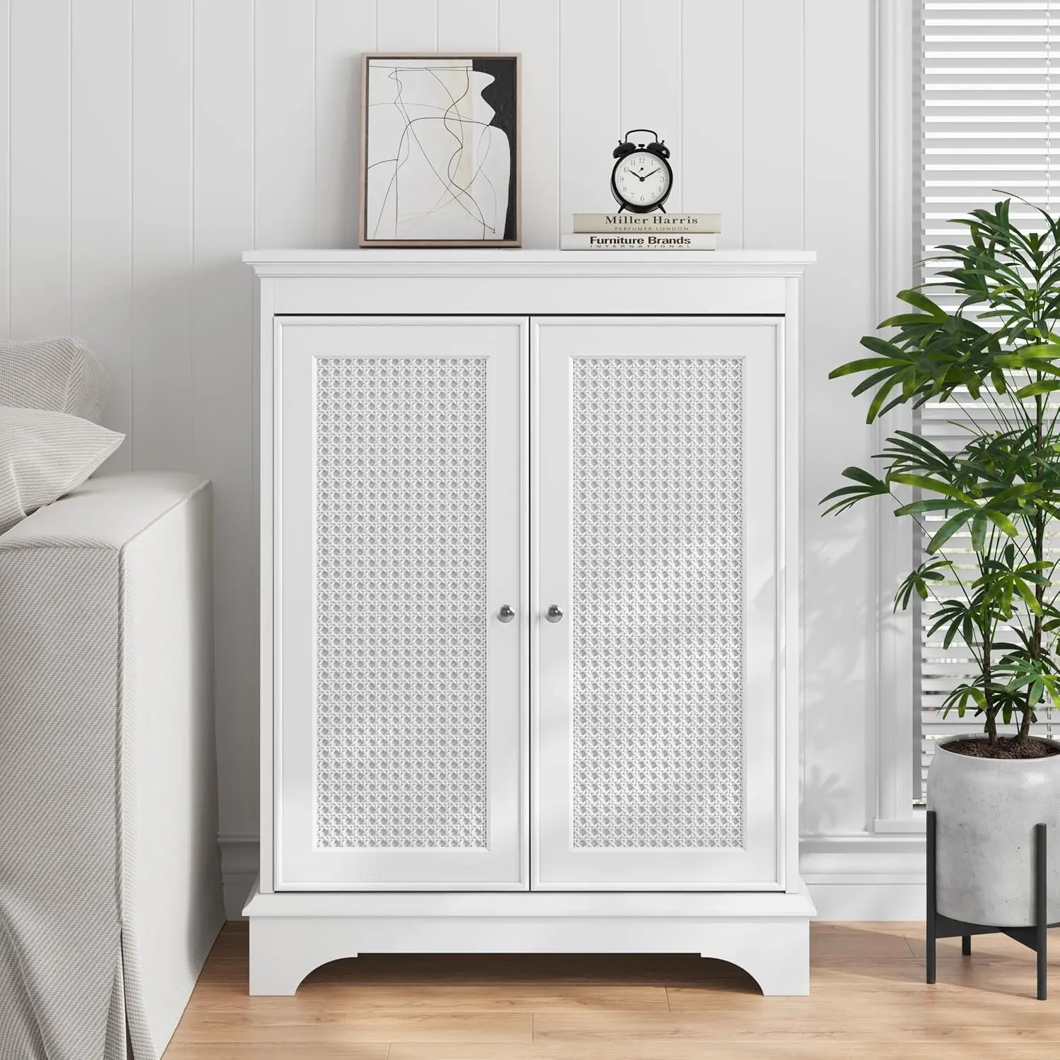 

Floor Bathroom Storage with Rattan Doors, White Bathroom Cabinet with Adjustable Shelf, Freestanding Modern Cabinet Organizer