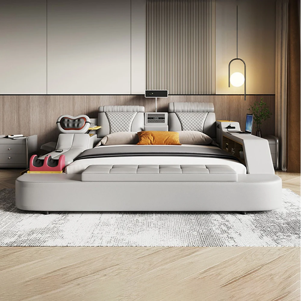 Linlimlam Tech Smart Bed - the Ultimate Multifunctional Bedframe with Genuine Leather, Massage, Speaker, Projector, Air Purifier
