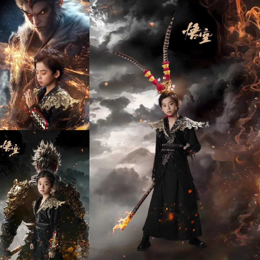 Accessoires de couronne de cheveux de couvre-chef de soleil Wukong de mythe noir avec des performances de festival de plumes