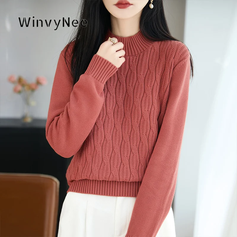 WinvyNee Women Retro Textured Knit Pullover 100% Cotton Half High Collar Long Sleeve Jumper Autumn Winter Knitwear Top ZA1892037