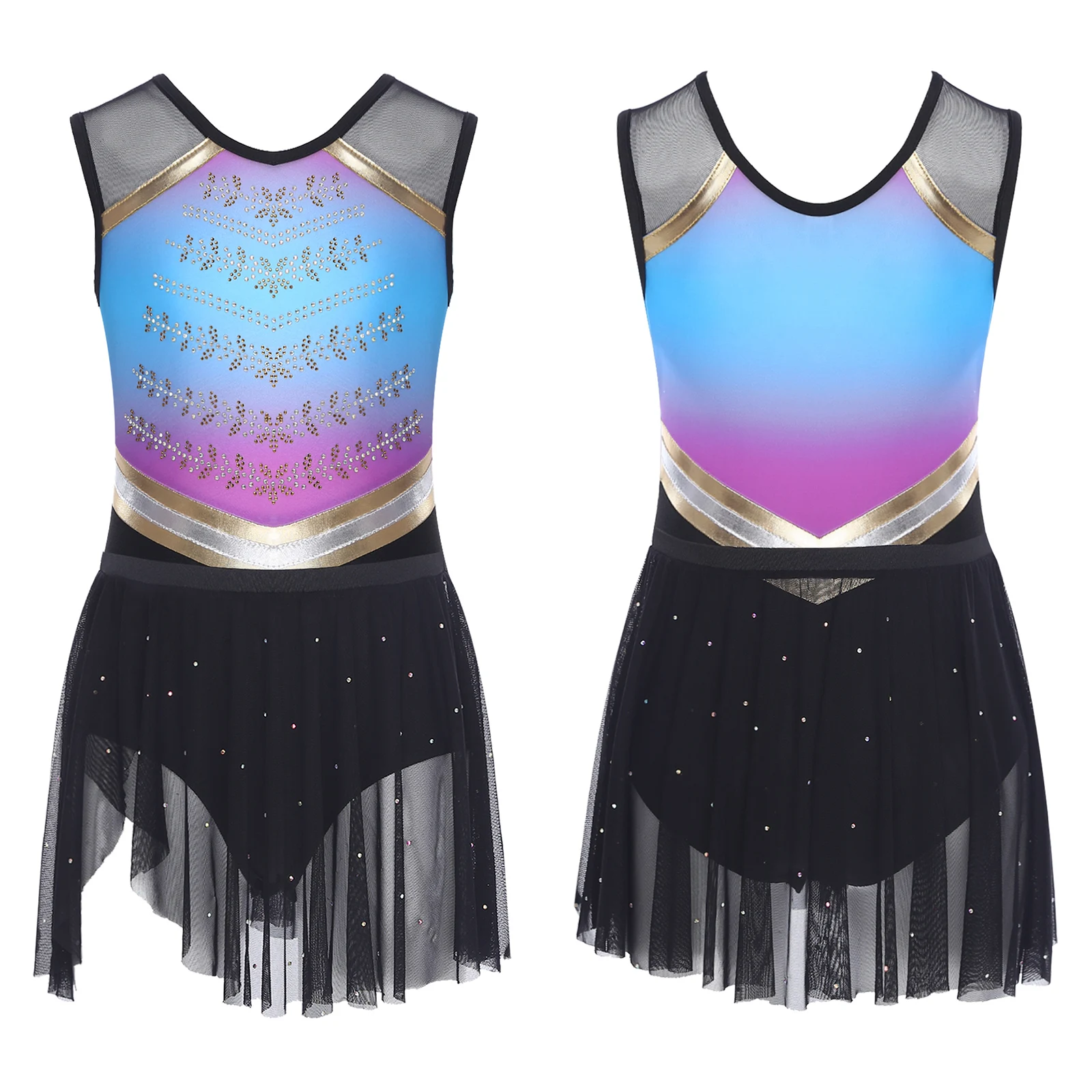 

Kids Girls Gradient Color Block Gymnastics Ballet Dance Outfit Sleeveless Mesh Patchwork Shiny Rhinestones Leotard+Skirt 2Pcs