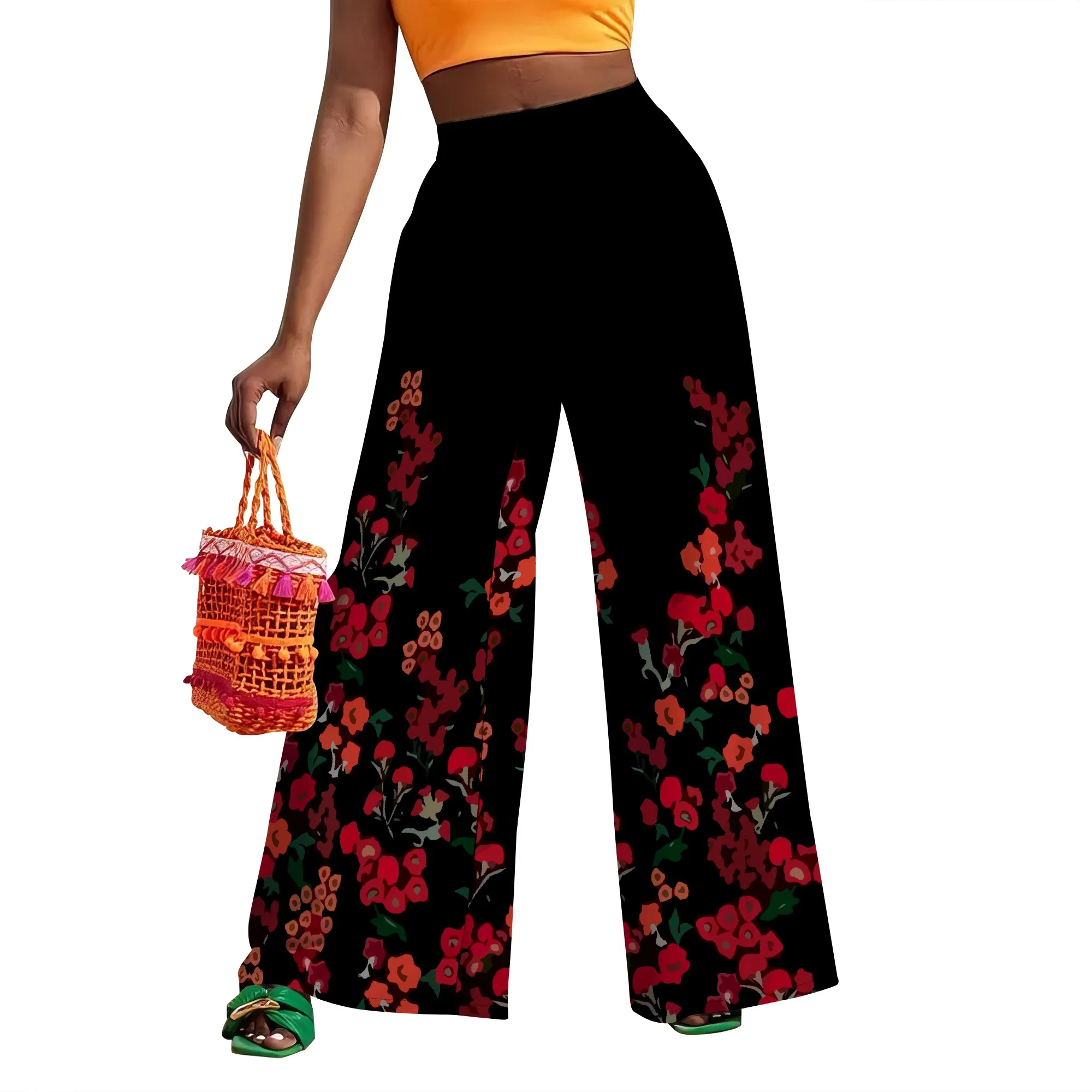 Colorful Patchwork Print Wide Leg Pants High Waist Bohemian Festival Streetwear Trousers