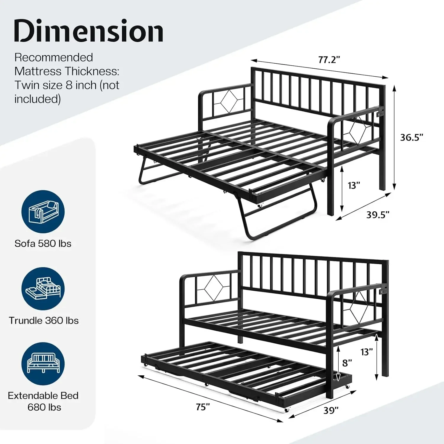 XMSJ * سرير نهاري مزدوج مع قاعدة شحن وأضواء LED، إطار سرير متعدد الاستخدامات مع دعم شرائح فولاذية، سرير نهاري مع دولاب، أسود