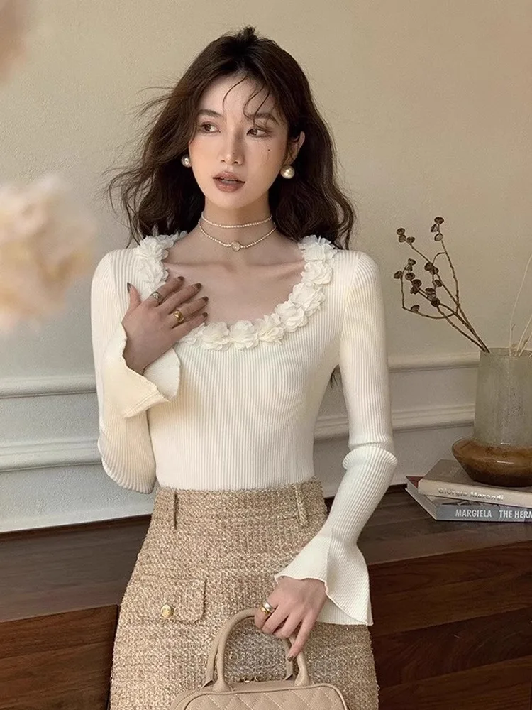 French High-End Knitted Sweater For Women\'S Autumn And Winter Design, Three-Dimensional Flower Beautiful Slim Fit Sweater