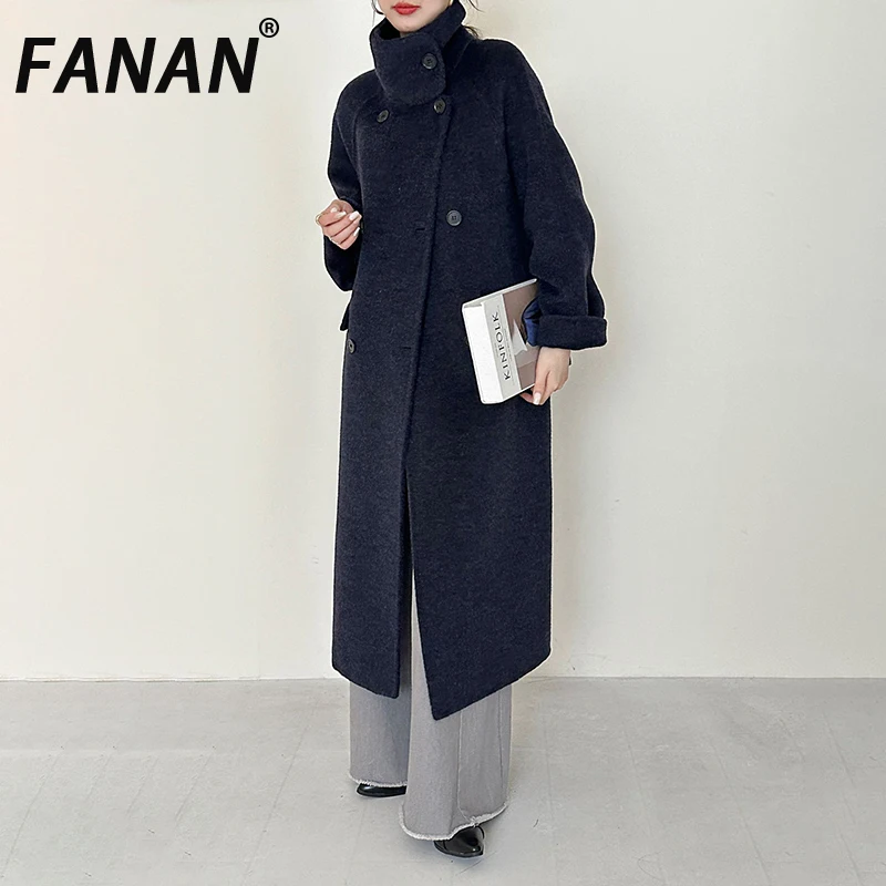 

FANAN Winter New Stand Collar Navy Blue Women's Double-faced Woolen Coat Raglan Sleeve Double Breasted Autumn Winter Clothing