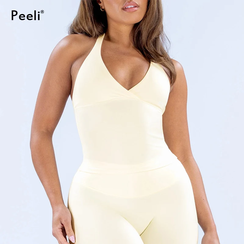 Halter Gym Top Women Clothes Deep V Neck with Padded Bra Workout Tank Top Open Back Yoga Shirts Gym Vest Running Sports Top