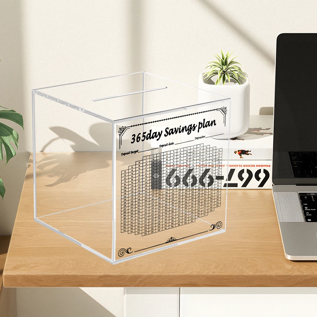 365 Day Acrylic Piggy Bank Challenge And Budget Planner To 10K Goal Childrens And Adult Cash Piggy 15*15*15cm