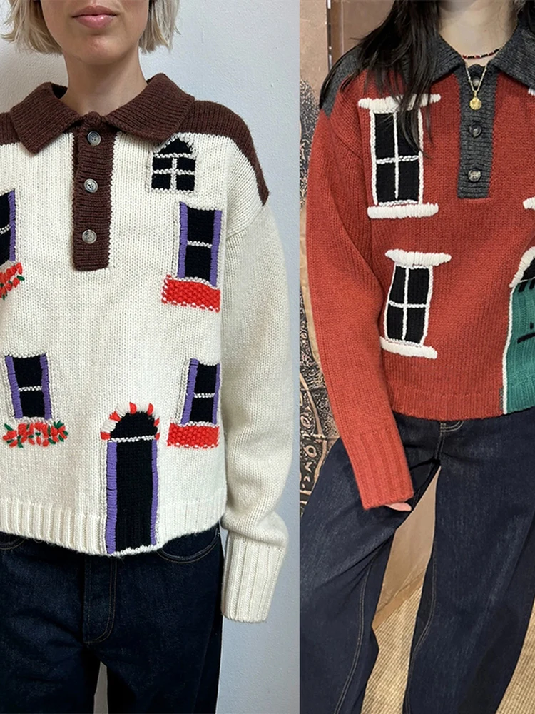 

Женский свитер-пуловер Ele Window House с вышивкой, свободного кроя, теплый, из смесовой шерсти, для осени и зимы