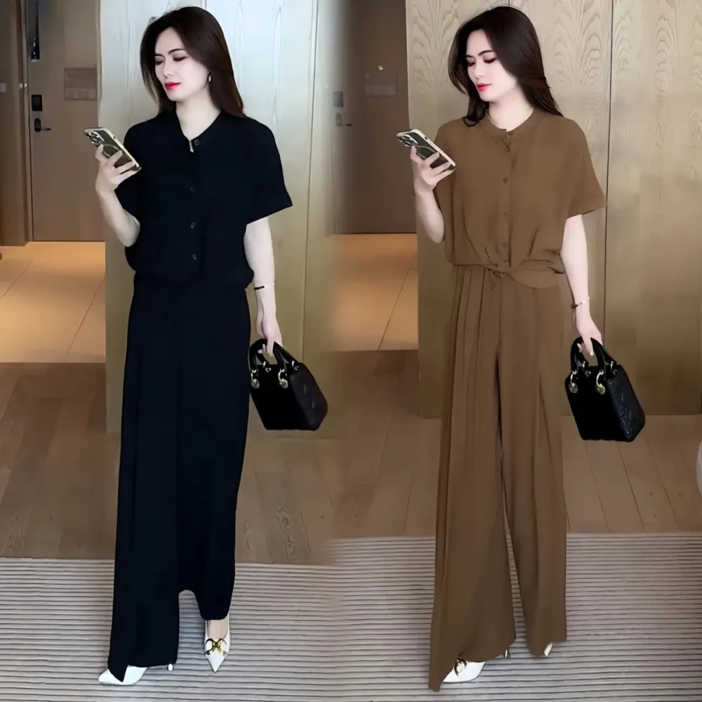 Women's Fashion Autumn Suit 2024 Summer New Style Stylish Loose Short Sleeve Tops And Wide Leg Pants 2 Two Piece Set For Women