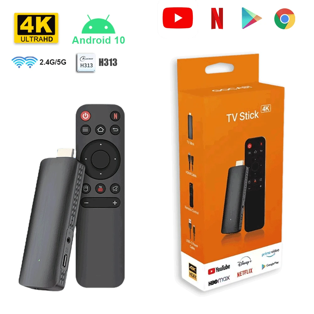 Mini TV Stick Quad Core ARM Cortex A53 Android 10 2GB 16GB Support 4K H.265 2.4G&5.8G Wifi Streaming Smart TV Box PK DQ06