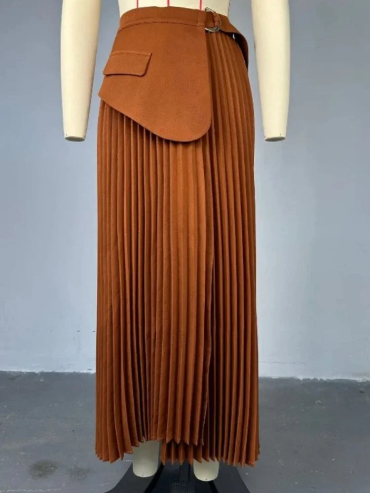 

Women 2025 Summer High Waist Patchwork Belt Big Swing Pleated Long Maxi Midi Skirt Holiday OL Street Party A-Line Skirts