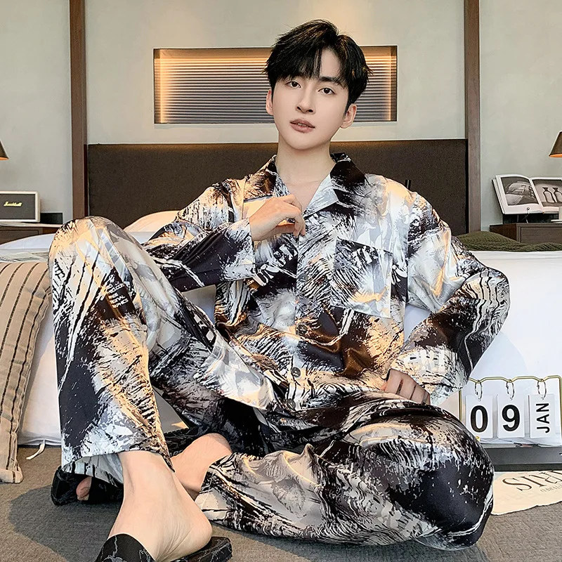 2024 New Spring Autumn Ice Silk Large Size Sleepwear Long Sleeved Thin Style Summer Men\'s Homewear Two-piece Set Loose Lapel