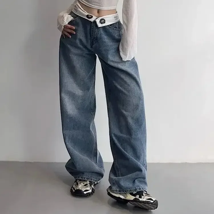 New American Retro Fashion Wide-leg Jeans,Women's Four Seasons Waist Flip The Edge Design Sense Casual Street Loose Washed Jeans