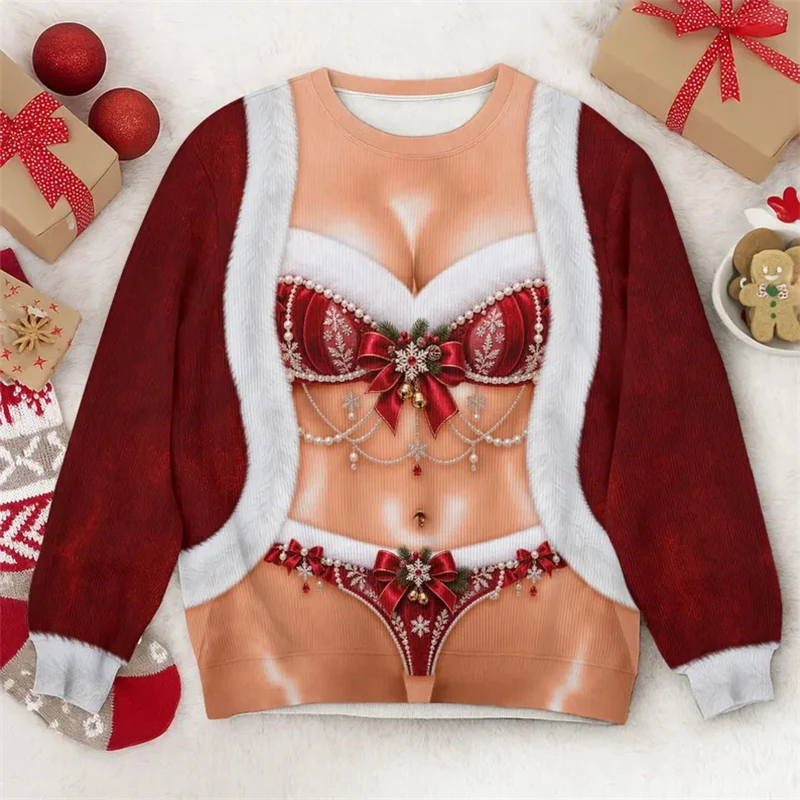 Lustiges Weihnachtsshirt mit Muskel-Weihnachtsmann-Motiv, 3D-Druck, hässlicher Pullover, Rundhalsausschnitt, lange Ärmel, Festtagskostüm, Herren- und Damen-Geschenk. – Detail 7