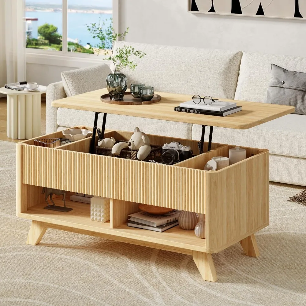 Farmhouse Lift Top Coffee Table, Mid Century Modern Coffee Table with Hidden Storage Compartment, Fluted Rising Pull up Wood Mod