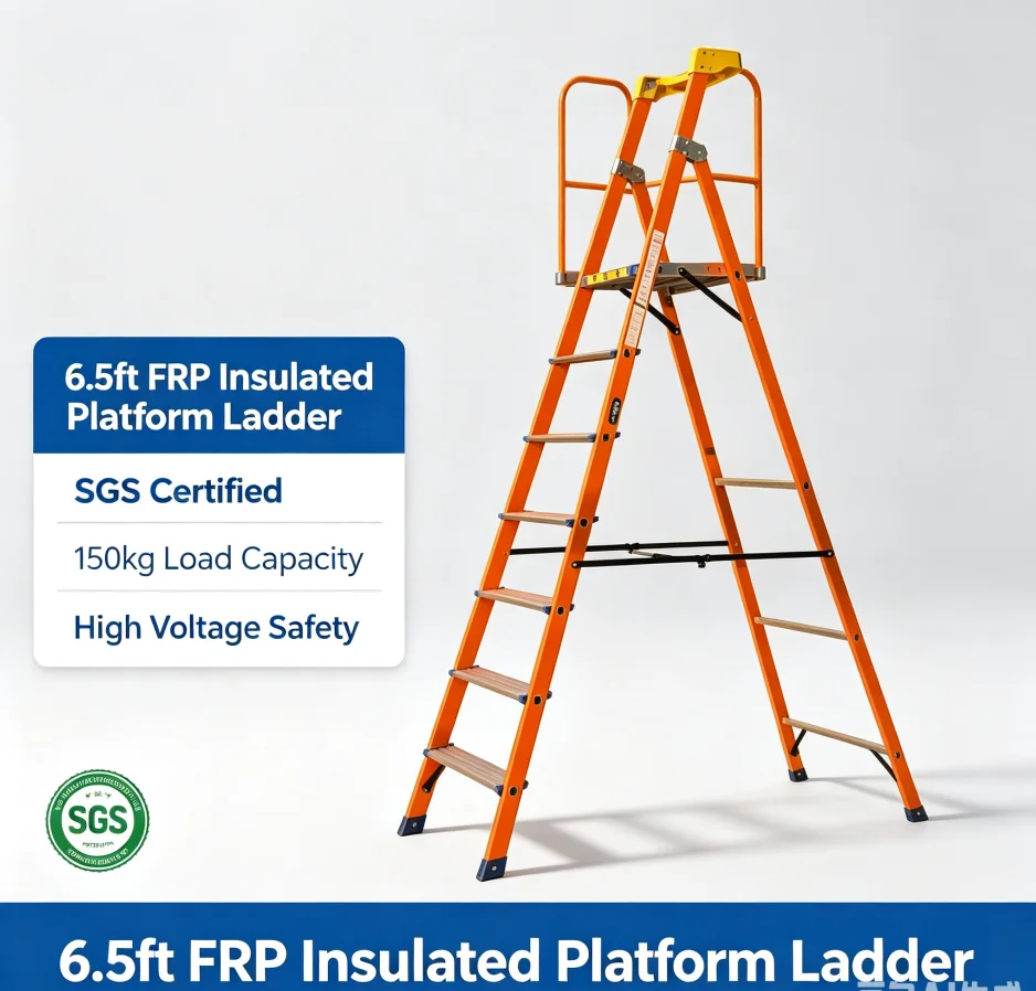 6.5ft FRP Insulated Platform Ladder with Handrail Heavy Duty Fiberglass Step Ladder for Electricians Industrial Work Pro
