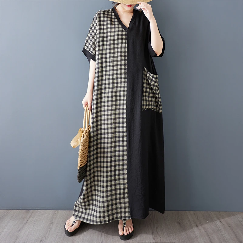 

Summer New Slimming V-Ne ort Sve Patchwork Long Cotton Linen Dr Bla And White Cheered Print Casual Commute Sle