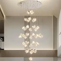 Luxury long chandelier loft creative crystal block light restaurant bar lighting stair decorative light complex building lights