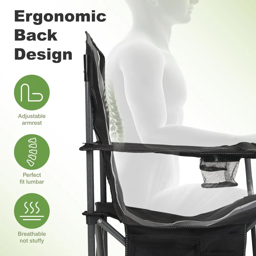 كرسي تخييم كبير الحجم قابل للطي للاستخدام الخارجي، كرسي بذراع عالي التحمل مع حامل أكواب وحقيبة تخزين، سعة وزن 350 رطلًا