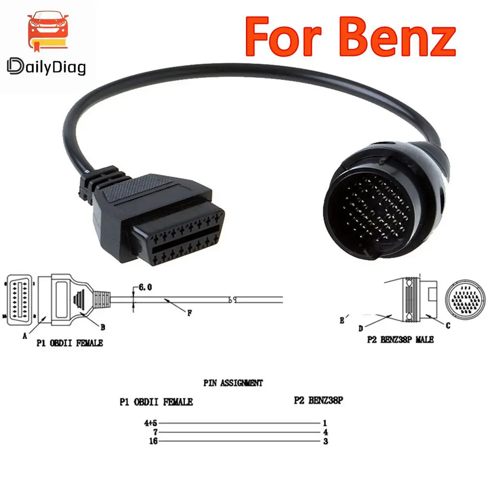 High Quality Diagnostic Cable For BENZ 38PIN Male TO OBD OBD2 16Pin Female Connector for MB 38 Pin Car Cable For Old Vehicles