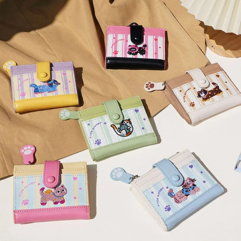 Casual Korean Style Embroidery Cat Wallet Purse Ultra Thin Coin Pouch Cartoon Multi Slot Card Bag Travel