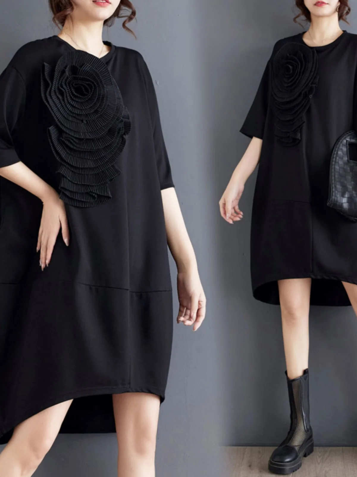 Ele femme ample Midi Dr Floral plissé ort Sve t-shirt jupe Vintage Sle été trajet pièce unique