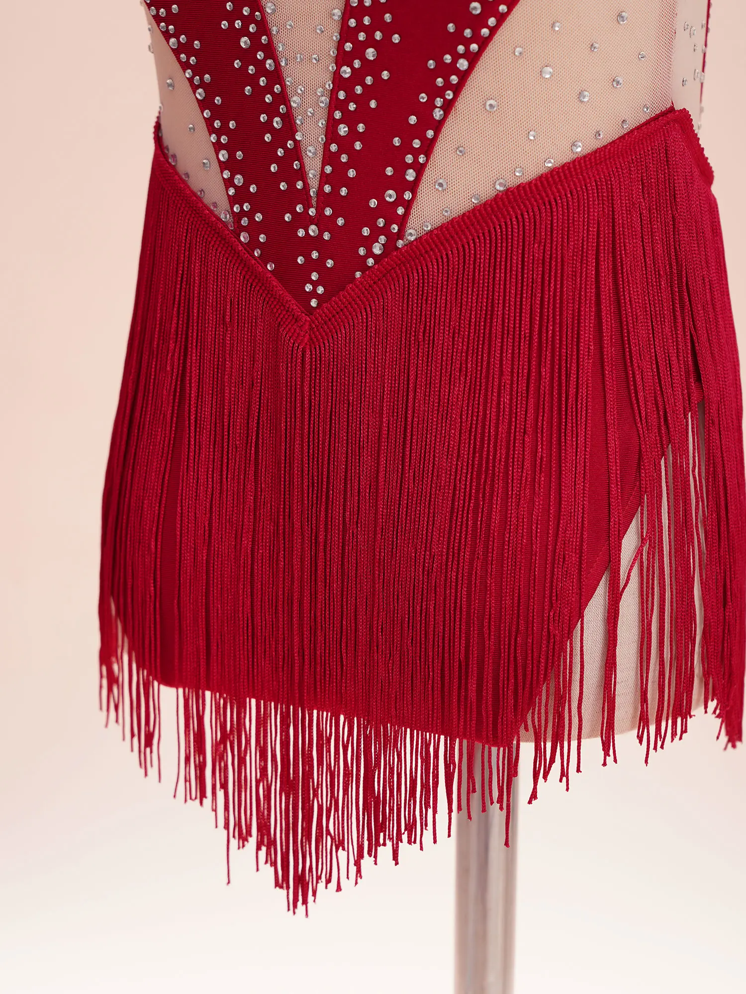 Kids Girls Latin Dance Figure Skating Performance Costume Shiny Rhinestone Fringed Leotard Sheer Mesh Patchwork Tassel Bodysuit