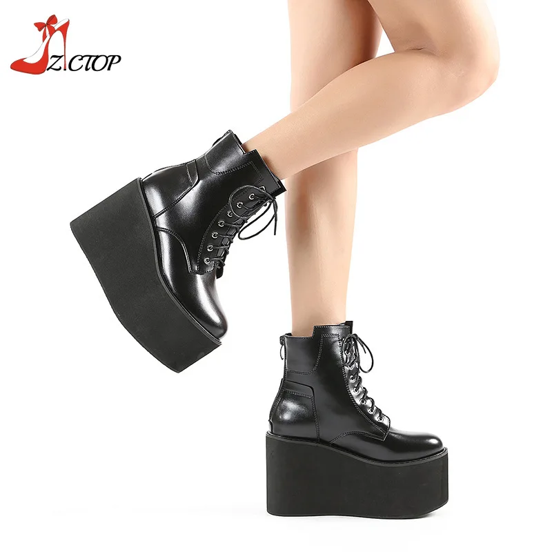 Botas de tornozelo pretas góticas para mulheres, fundo grosso, saltos altos, cunhas punk, sapatos femininos, botas, tamanho 43