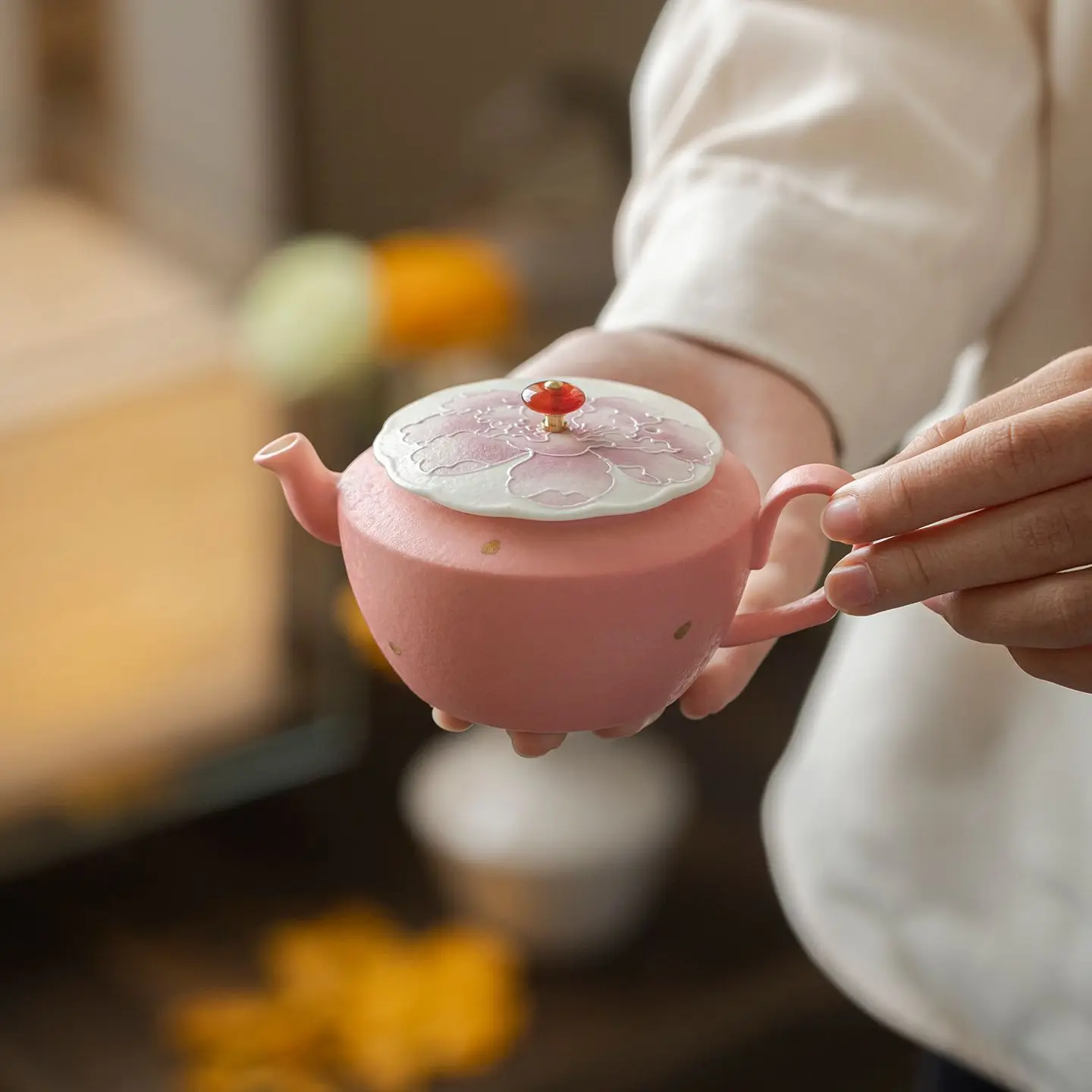Rock Mineral Glaze Hand Painted Yu Meiren Ceramic Teapot Cameo Brown Pink Set Household Lady
