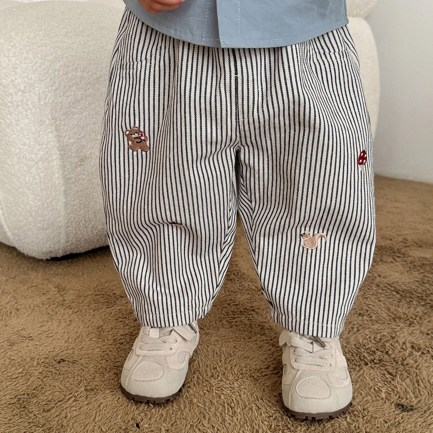 

2025 Fall New Toddler Kids Pants Cotton Cartoon Embroidered Harem Pants Baby Boy Casual Striped Denim Baggy Trousers