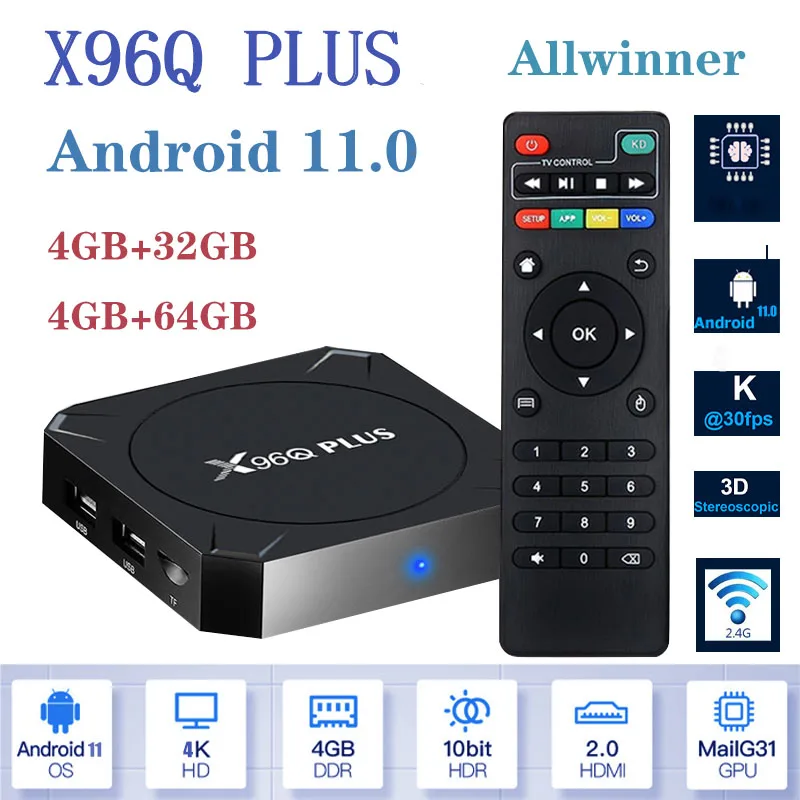 2023 Smart TV Set-Top Box X96Q Plus Android TV Box 11.0 4/64GB AllWinner 4K TV Box X96Q Mediaspeler