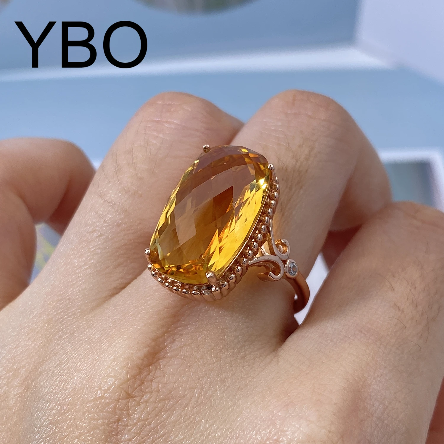 

YBO Natural Gemstone 11.7Ct Citrine Rose Gold Plate 925 Sterling Silver Rings For Women Luxury Party Dating Wedding Fine Jewelry