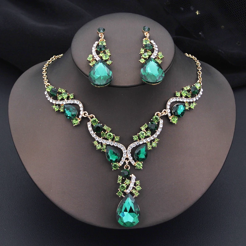 Elegant Fashion Necklace Sets for Women Party Birthday Green Choker Necklace Earrings Set Wedding Dress Bridal Jewelry Sets