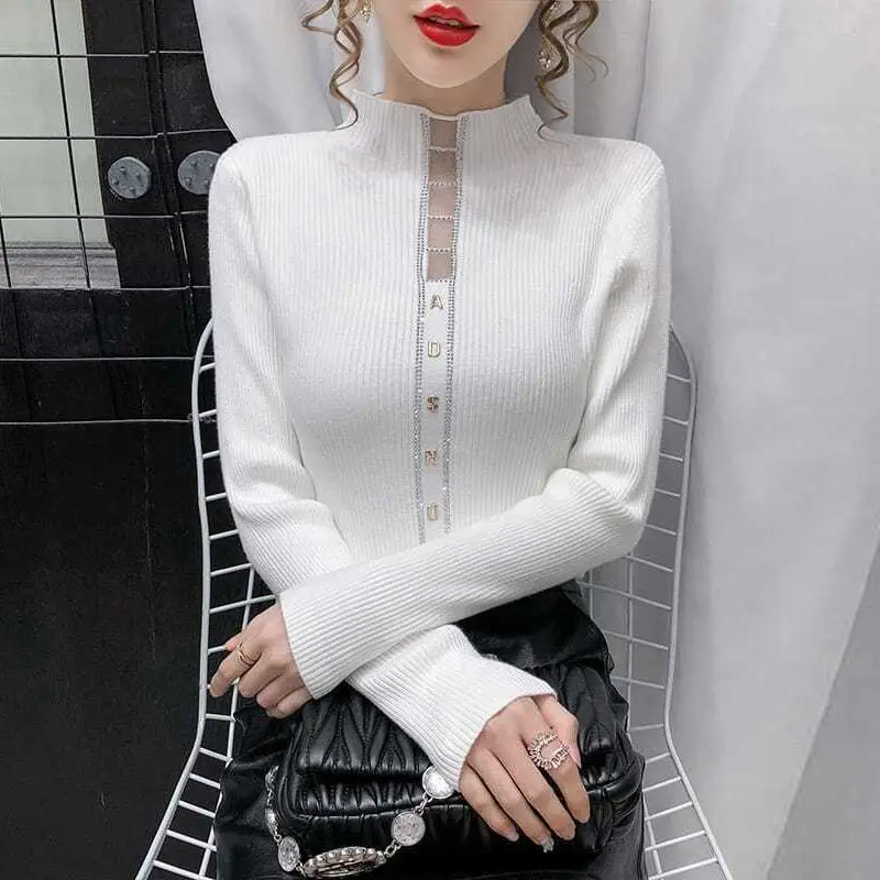 Autumn Winter Women\'s Letter Embroidery Pullover Long Sleeve Half High Collar Rhinestone Screw Thread Sweater Knitted Tops