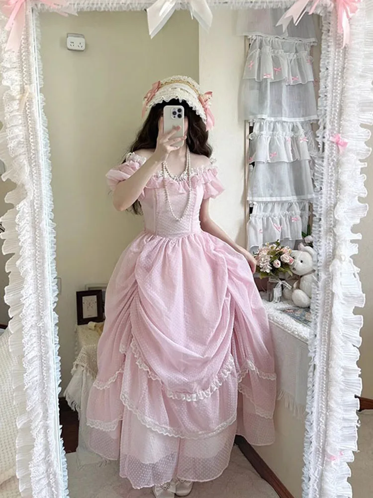 Gentle Pink Puff Sleeve Op Dress Floral Wedding Lolita Waist Slimming Bow Tail