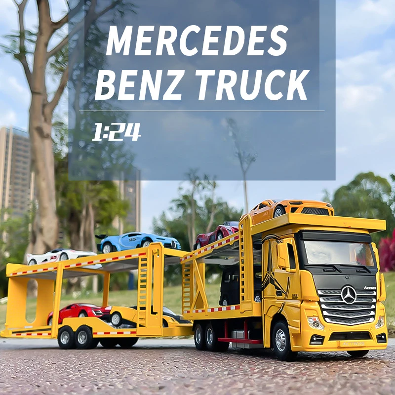 1:24 Scale Mercedes Benz Double-layer Flat-plate Transport Vehicle Alloy Model Metal Truck Model Diecast Toys Vehicles Kids Boys