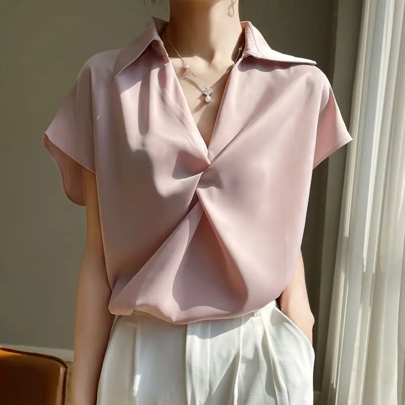 Quality Women's Ice Silk Satin Shirt Loose White T-shirt Turn Down Neck Loose Blouse Basic Short Sleeve Tops Summer Female Tee