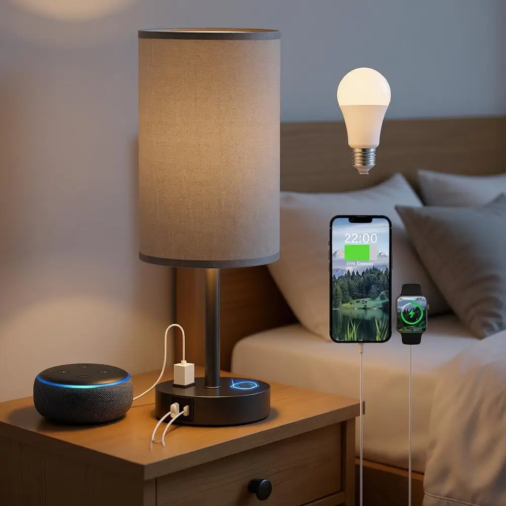

Nightstand Bedroom Lamp - 3 Way Dimmable Bed Lamp USB C Charging Ports and AC Outlet, Small Table Lamp Linen Lampshade or Office