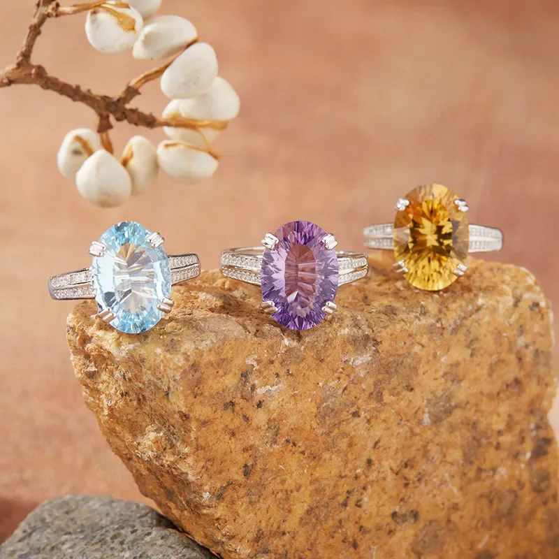 Color Treasure Jewelry Natural Citrine Amethyst Topaz Ring Women's Millennium Cut S925 Sterling Silver Live Popular