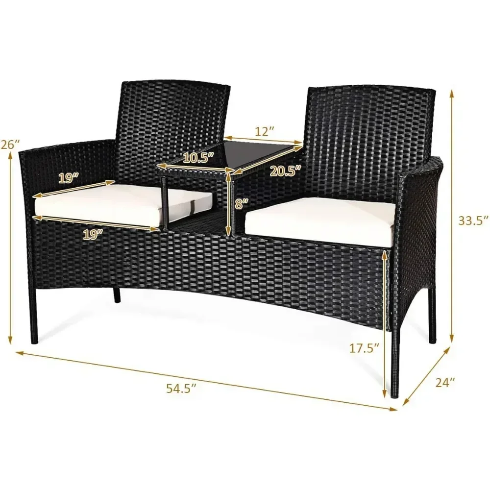 Wicker Patio Gesprächs möbel Set, Gartenmöbel Set mit abnehmbaren Kissen & Tisch, gehärtetes Glas