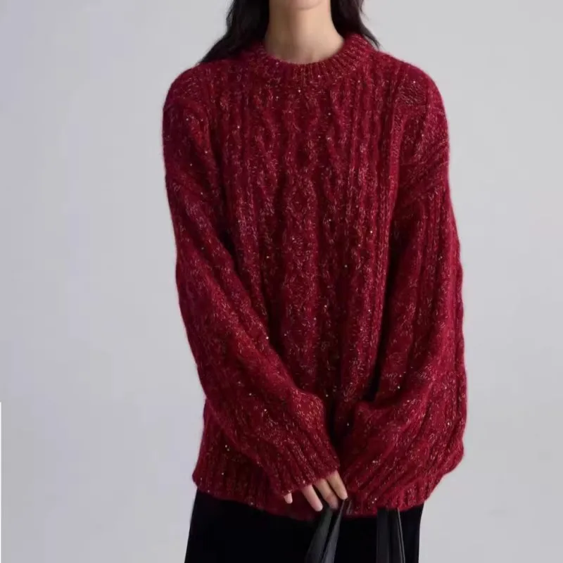 

New Year red stylish round-neck bright silk twist 100%wool knitted sweater women loose and thick base sweater autumn and winter