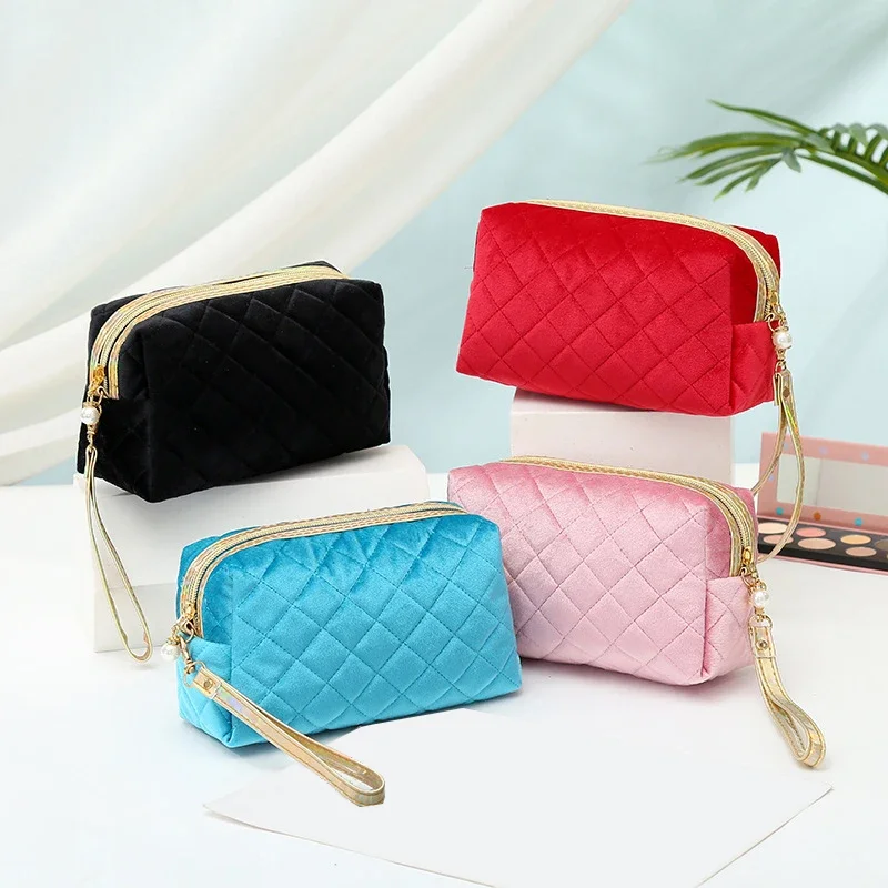 Borse cosmetiche in velluto Vintage pochette da donna borsa per il trucco con cerniera portatile borsa per la conservazione delle chiavi del