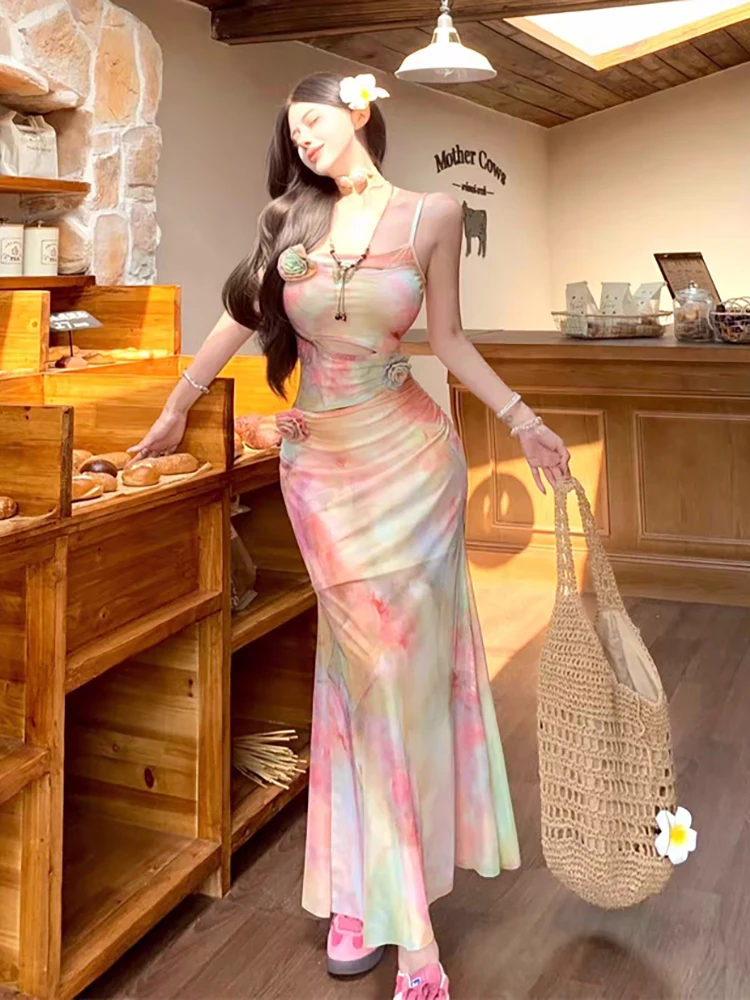 RORORIRI Y2k Oil Painting Floral Camisole Long Dress Women Desire Cut-out Tie Dye Mesh Bodycon Mermaid One-piece Holiday Clothes
