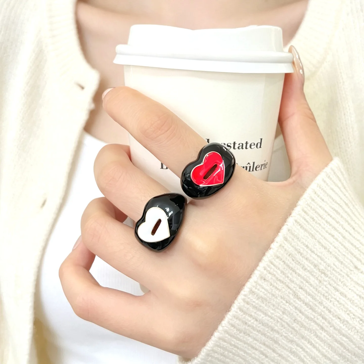 Sweet Edgy Puffy Heart Lock Cutout Enamel Ring for Women Trendy Unique Adjustable Index Finger Daily Party Jewelry Gift