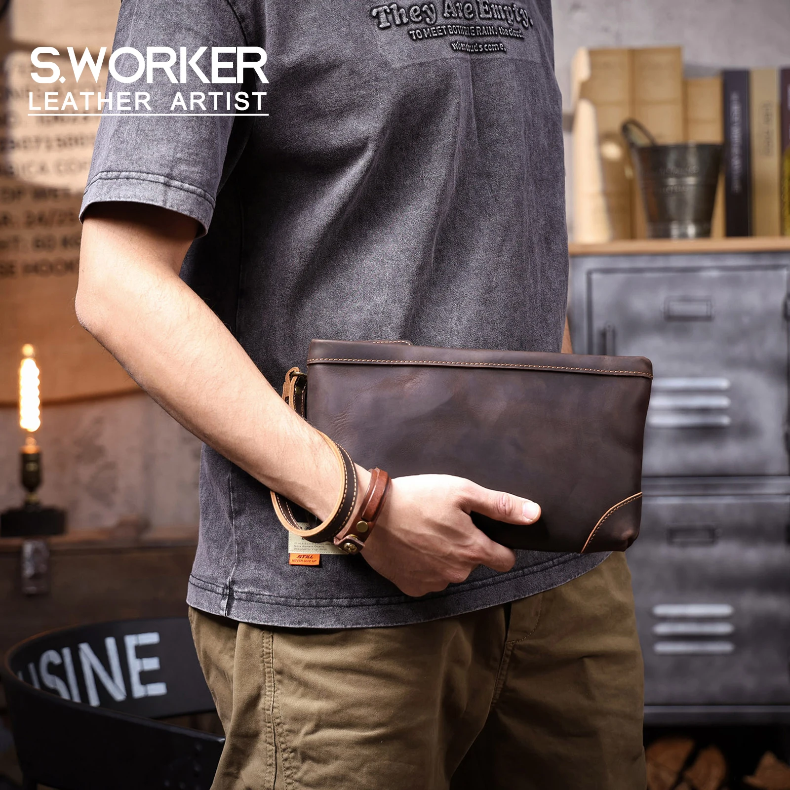 S.WORKER Vintage Echtleder Herren-Clutch-Tasche Lange Geldbörse für Männer Erstschicht-Leder-Portemonnaie Retro-Kartenhalter Handyhalter – Detail 2