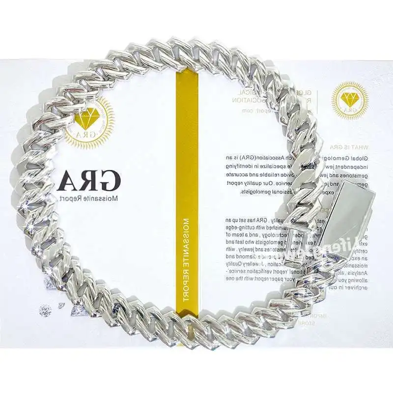 

New Arrival Fashion Jewelry 925 Sterling Silver 18MM 3Rows Iced Out VVS Moissanite Necklace Hiphop White Gold Plated Cuban Chain