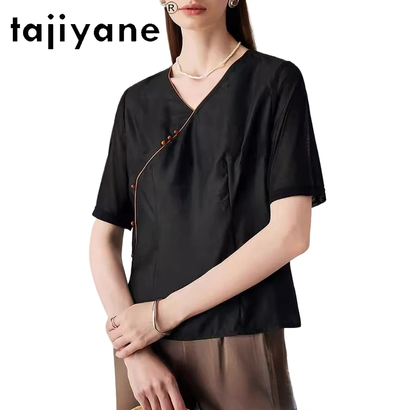 TAJIYANE 100% Real Mulberry Silk T Shirts for Woman Elegant Summer Casual Tops Fashion Women Clothing Black Top Camisetas 2024