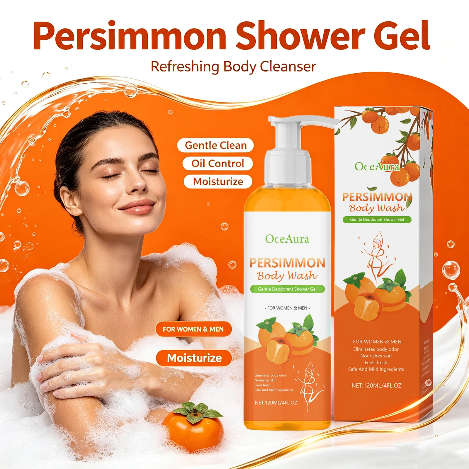 Persimmon Body Wash Shower Gel Oil Control Deodorant Shower Gel for Men Women Odor Eliminator Fresh Moisturized Skin Body Care