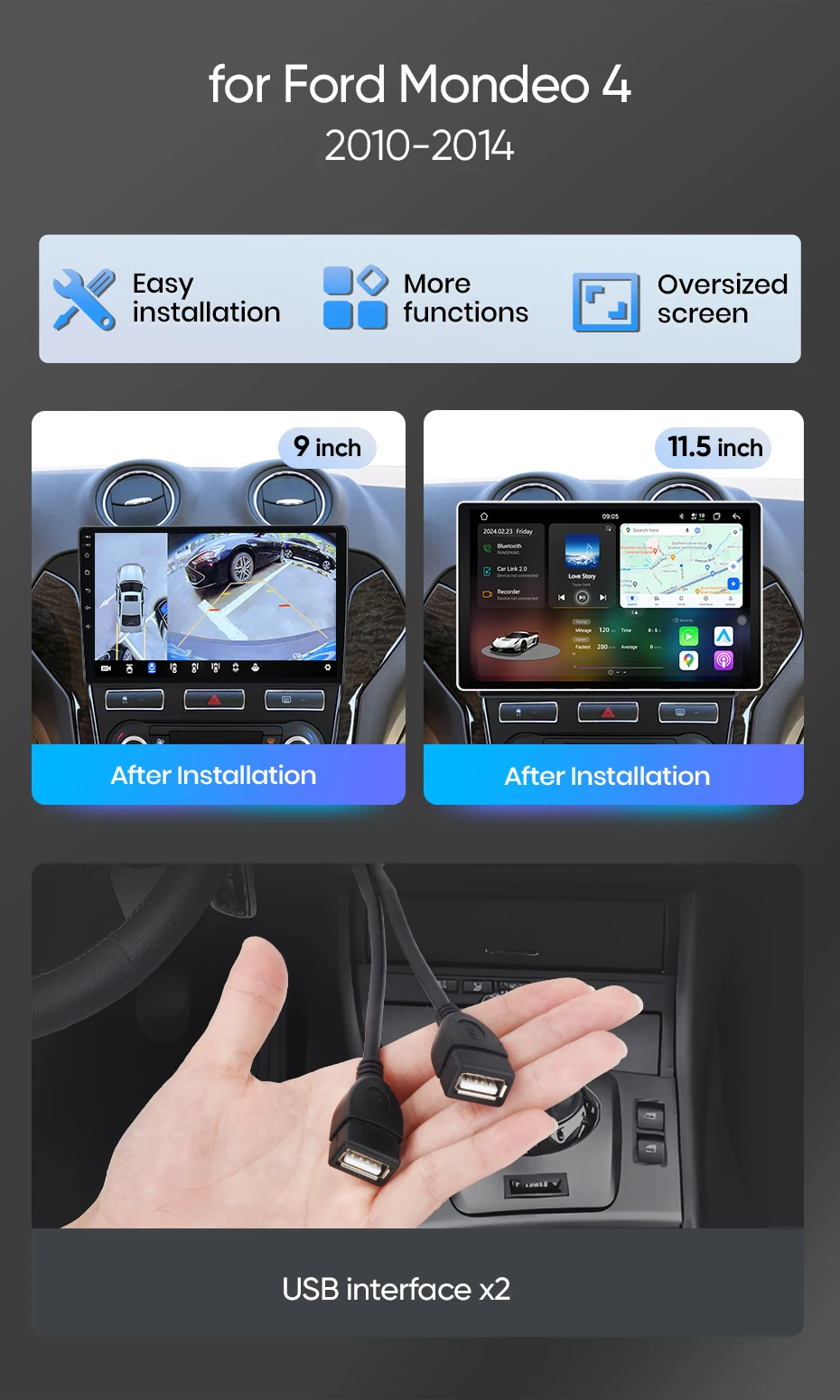 Junsun Android Auto Autoradio für Ford Mondeo 4 MK4 2010 2011 2012 2013 2014 Multimedia Kabelloses Apple CarPlay Smart Intelligentes System IPS Touchscreen Stereo Videoplayer 2 Din Autoradio Headunit Navigation BT GPS 4G WIFI FM AM DSP RDS SWC – Detail 2